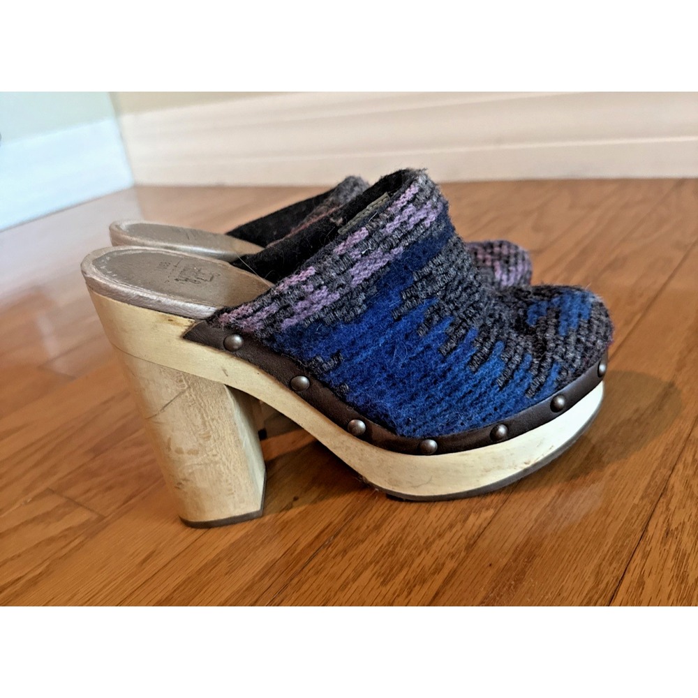 WOOLRICH Multicolor Wool JOURNALIST 1.5" Platform Wood Mule 4.5" Heel Clog Sz 8
